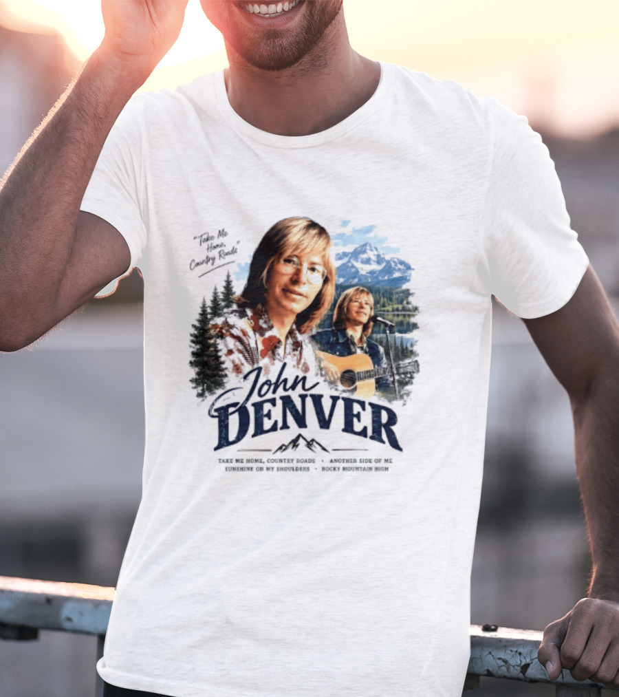 John Denver Take Me Home Country Roads Lyrics Mountains Forest Guitar Scene T-Shirt