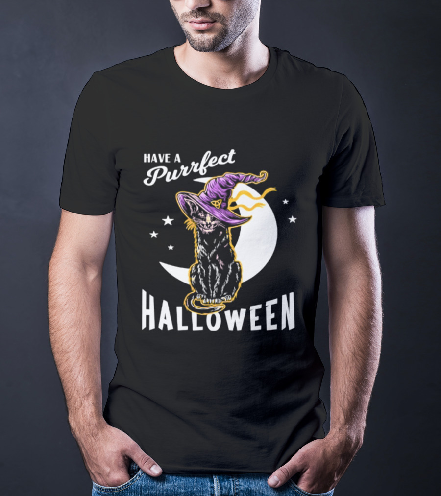 Have A Purrfect Halloween Black Cat And Moon With Witch Hat T-Shirt