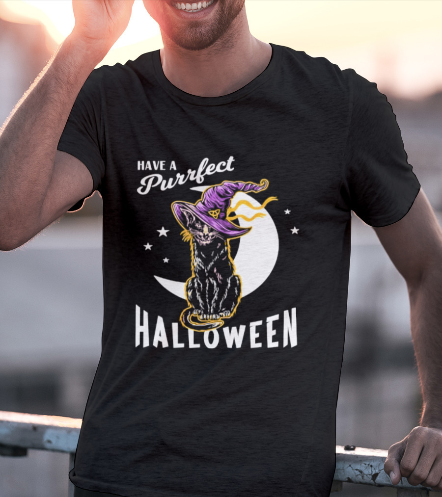 Have A Purrfect Halloween Black Cat And Moon With Witch Hat T-Shirt