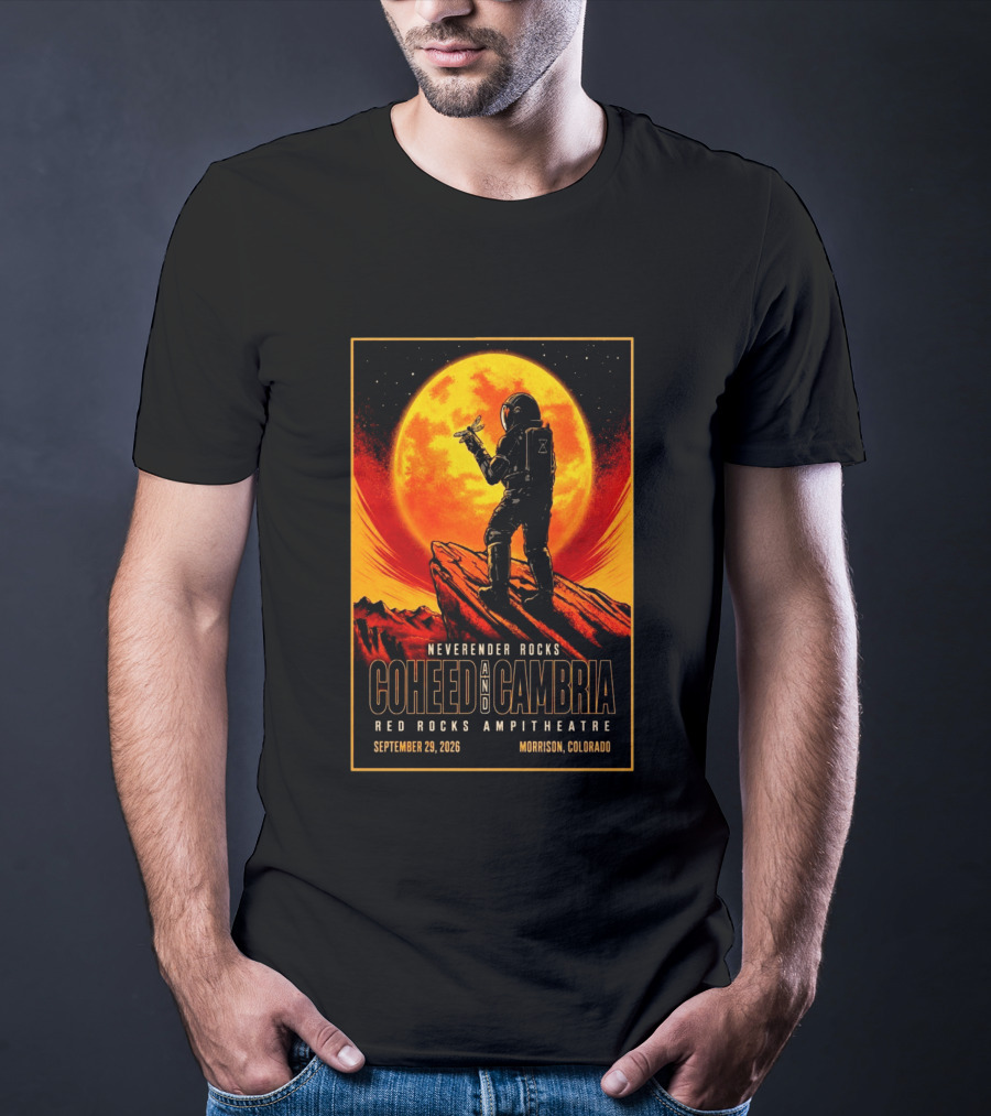 Neverender Rocks Coheed And Cambria Red Rocks Ampitheatre Morrison Colorado September 29 2026 Astronaut Orange Moon Scene T-Shirt