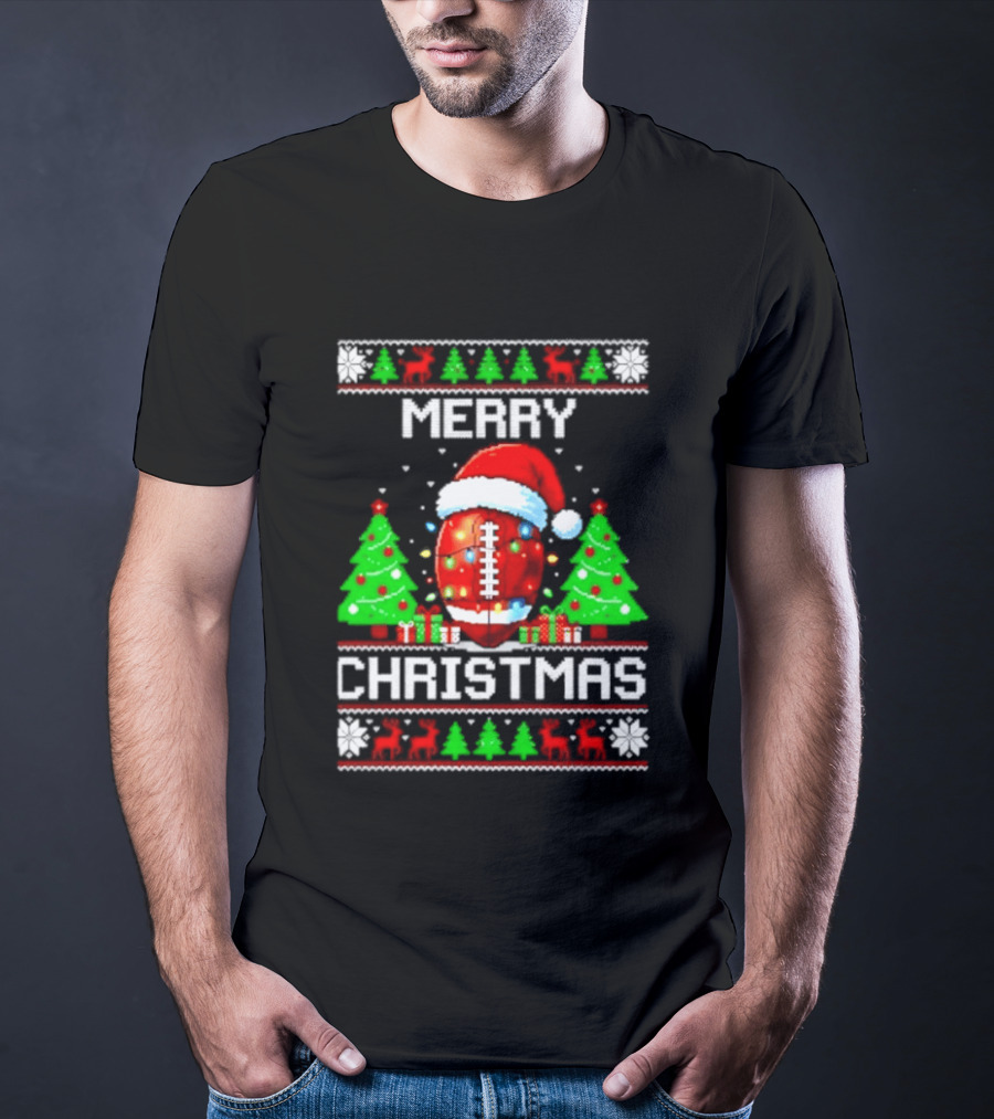 Merry Christmas Football Santa Hat Lights Festive Trees T-Shirt