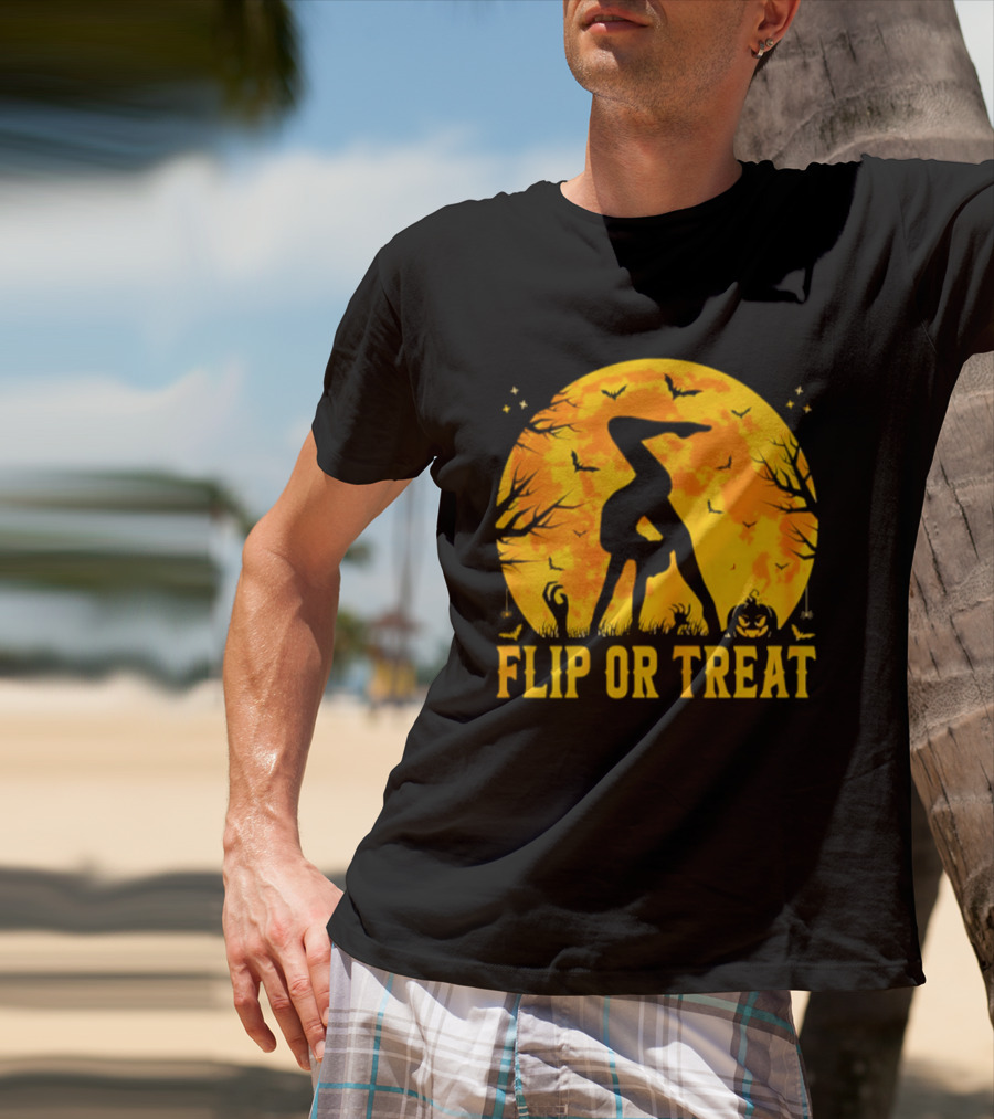 Flip Or Treat Halloween Gymnastics Moon Silhouette Spooky Pumpkin T-Shirt