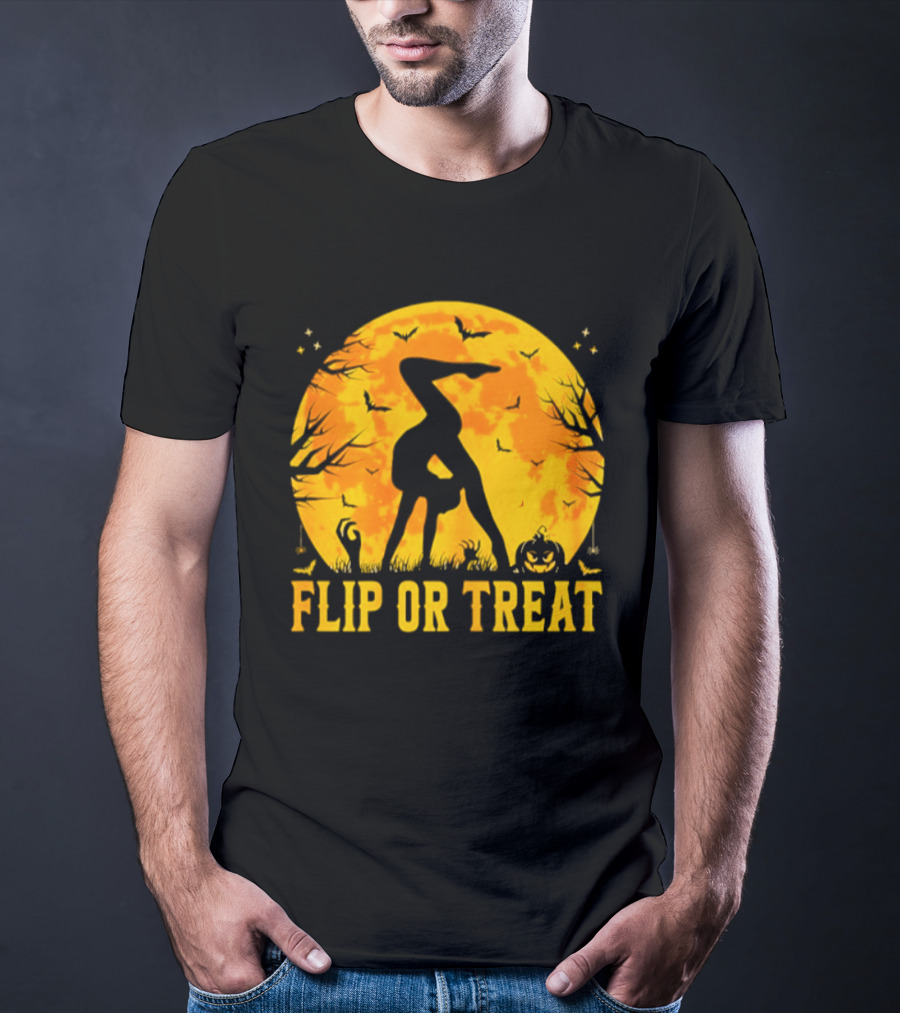 Flip Or Treat Halloween Gymnastics Moon Silhouette Spooky Pumpkin T-Shirt