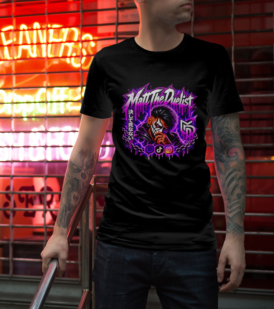 Matt The Duelist Freelance MTD Anime Gamer Mask Neon Purple Kanji T-Shirt