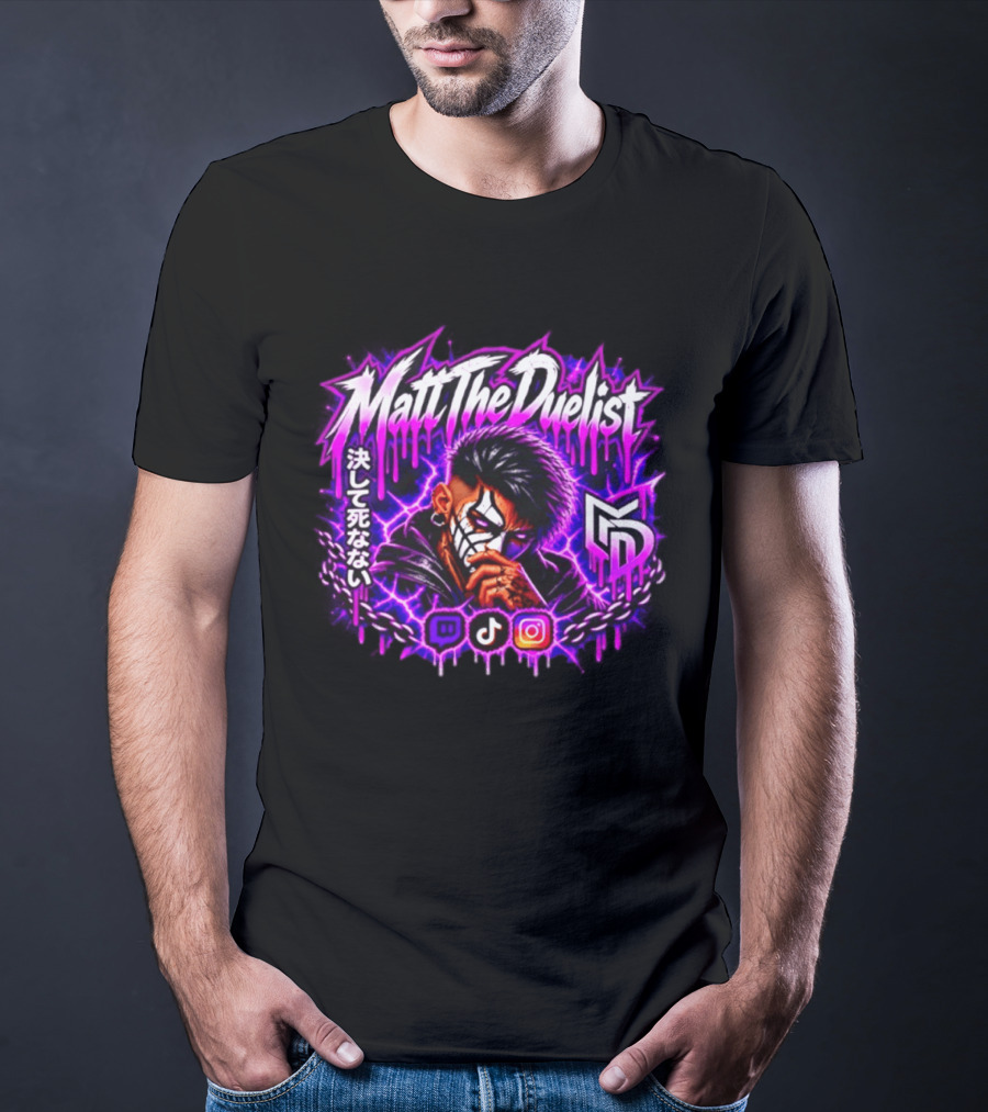 Matt The Duelist Freelance MTD Anime Gamer Mask Neon Purple Kanji T-Shirt