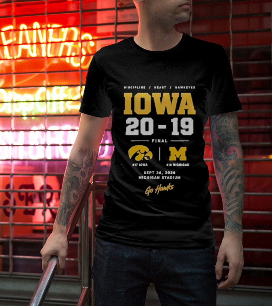 Iowa Hawkeyes Victory NCAA 2026 Vs Michigan Wolverines Final Score 20 19 Sept 26 Michigan Stadium Go Hawks Football Fans T-Shirt