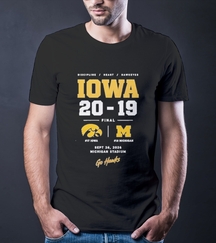 Iowa Hawkeyes Victory NCAA 2026 Vs Michigan Wolverines Final Score 20 19 Sept 26 Michigan Stadium Go Hawks Football Fans T-Shirt