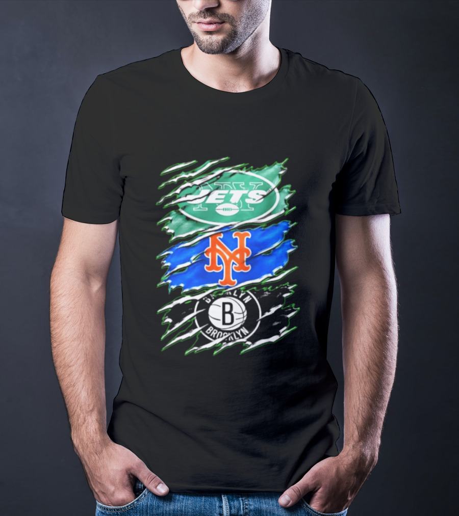New York Jets Mets Brooklyn Nets Scratch Logo Mashup T-Shirt