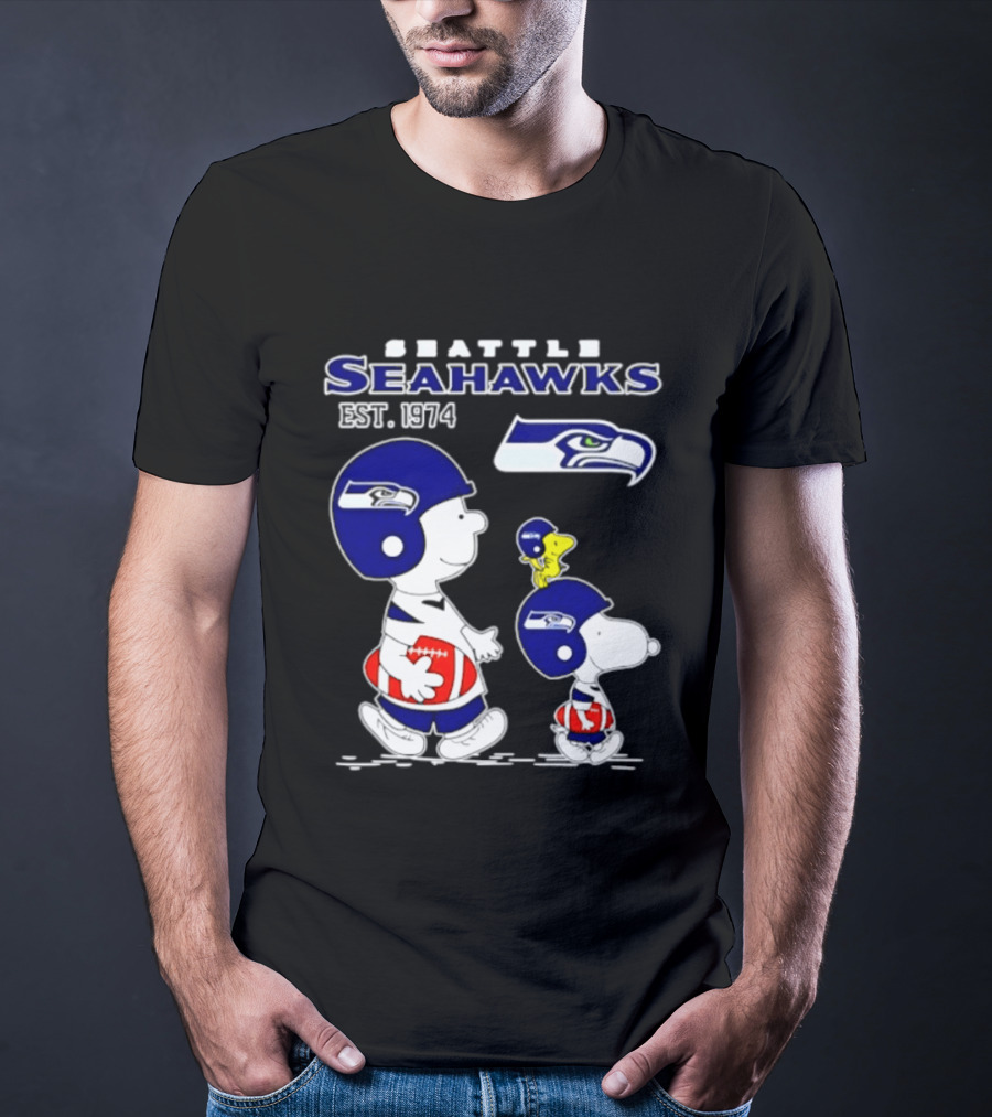 Seattle Seahawks Peanuts Snoopy Charlie Brown Est 1974 NFL T-Shirt