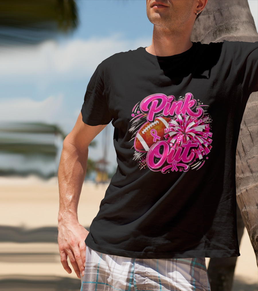 Pink Out Breast Cancer Awareness Football Cheerleading Pom Poms T-Shirt