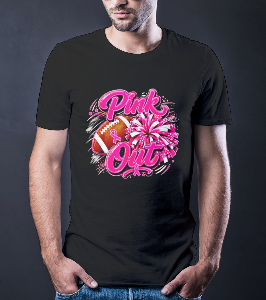 Pink Out Breast Cancer Awareness Football Cheerleading Pom Poms T-Shirt