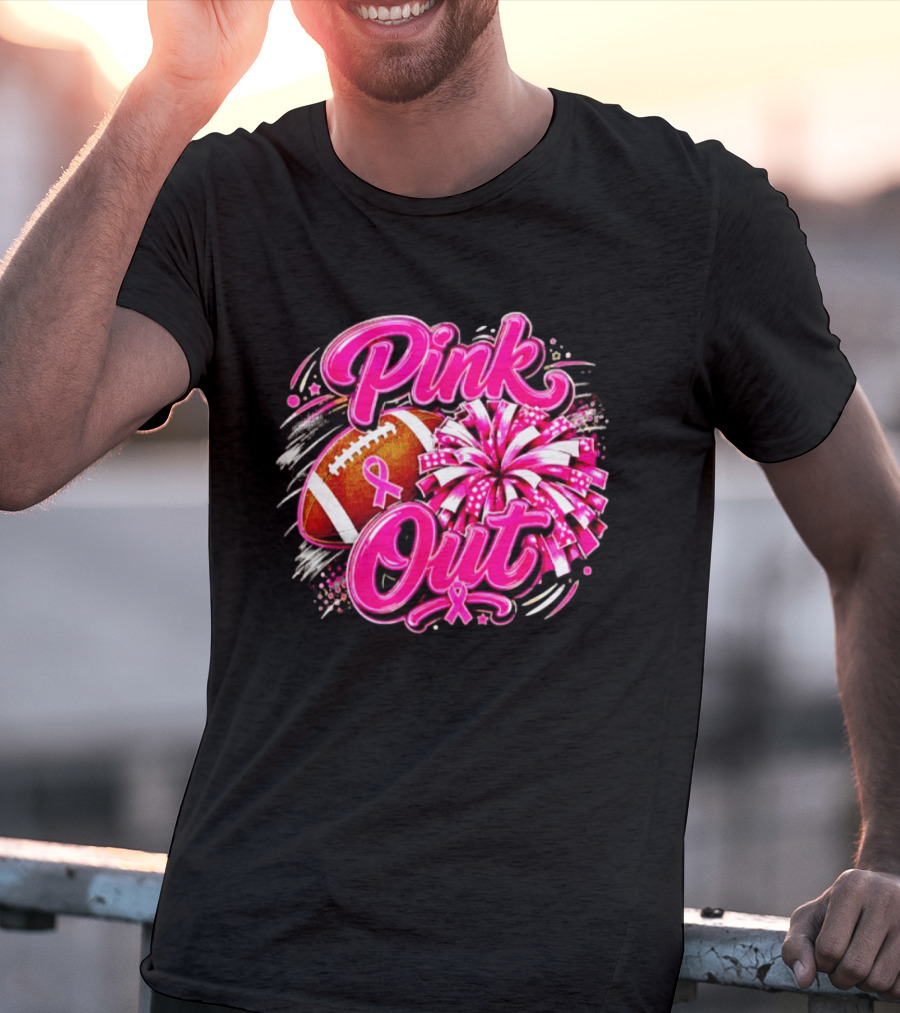 Pink Out Breast Cancer Awareness Football Cheerleading Pom Poms T-Shirt