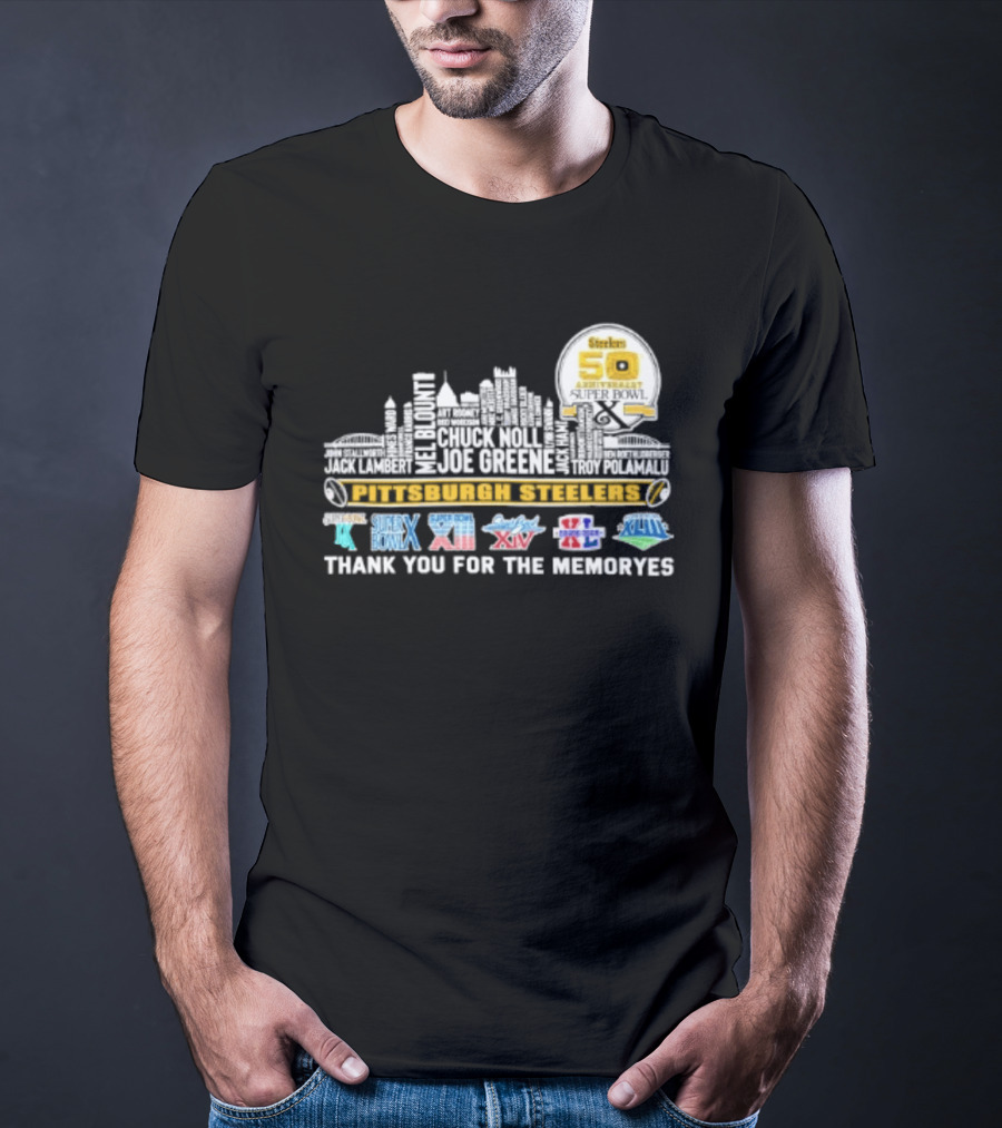 Pittsburgh Steelers Skyline 50th Anniversary Super Bowl Logos Thank You For The Memories T-Shirt