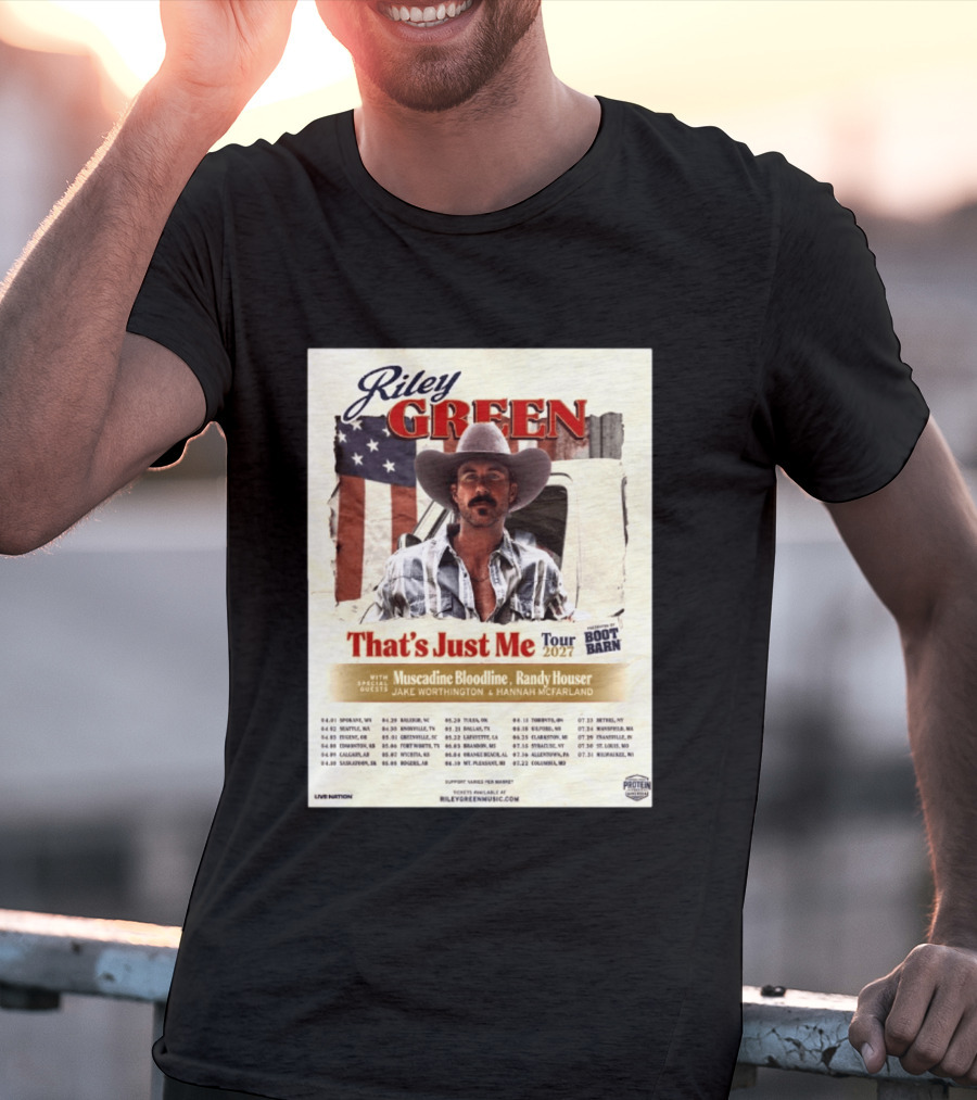 Riley Green That's Just Me Tour 2027 North America Featuring Muscadine Bloodline And Randy Houser Tour Dates T-Shirt