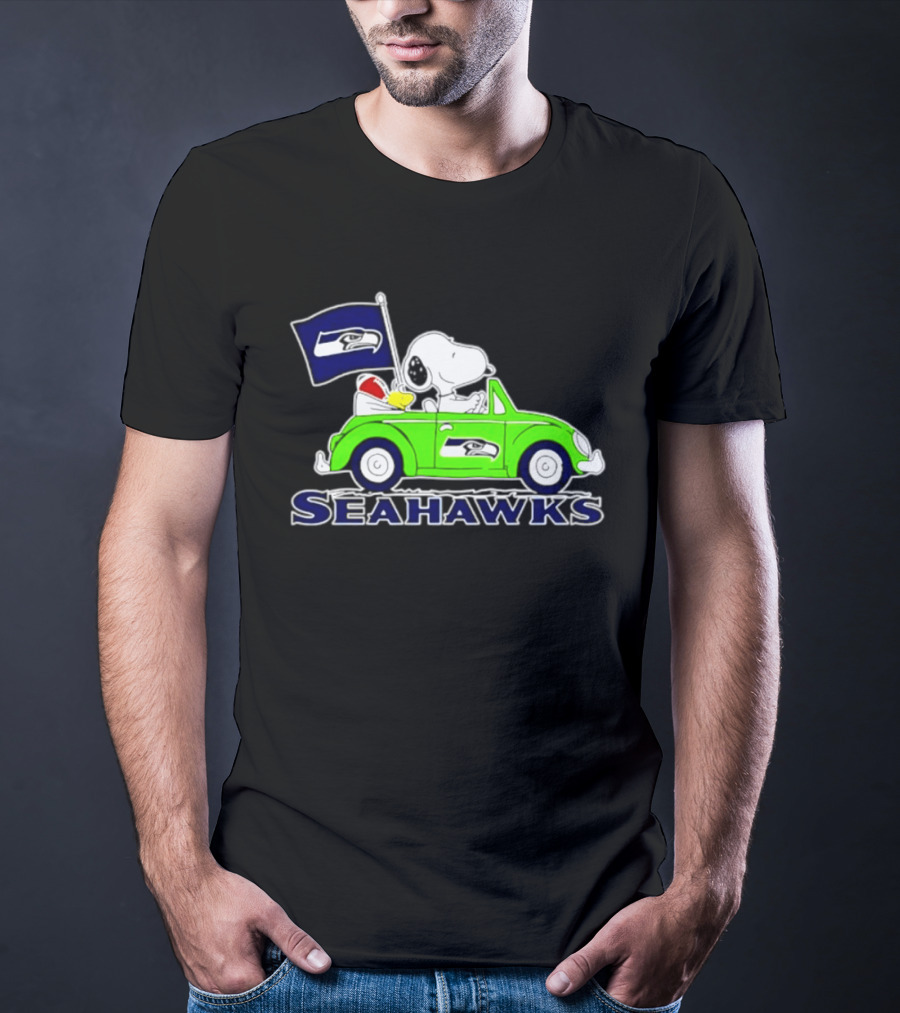 Snoopy In Volkswagen Beetle With Seattle Seahawks Flag 2026 Season T-Shirt