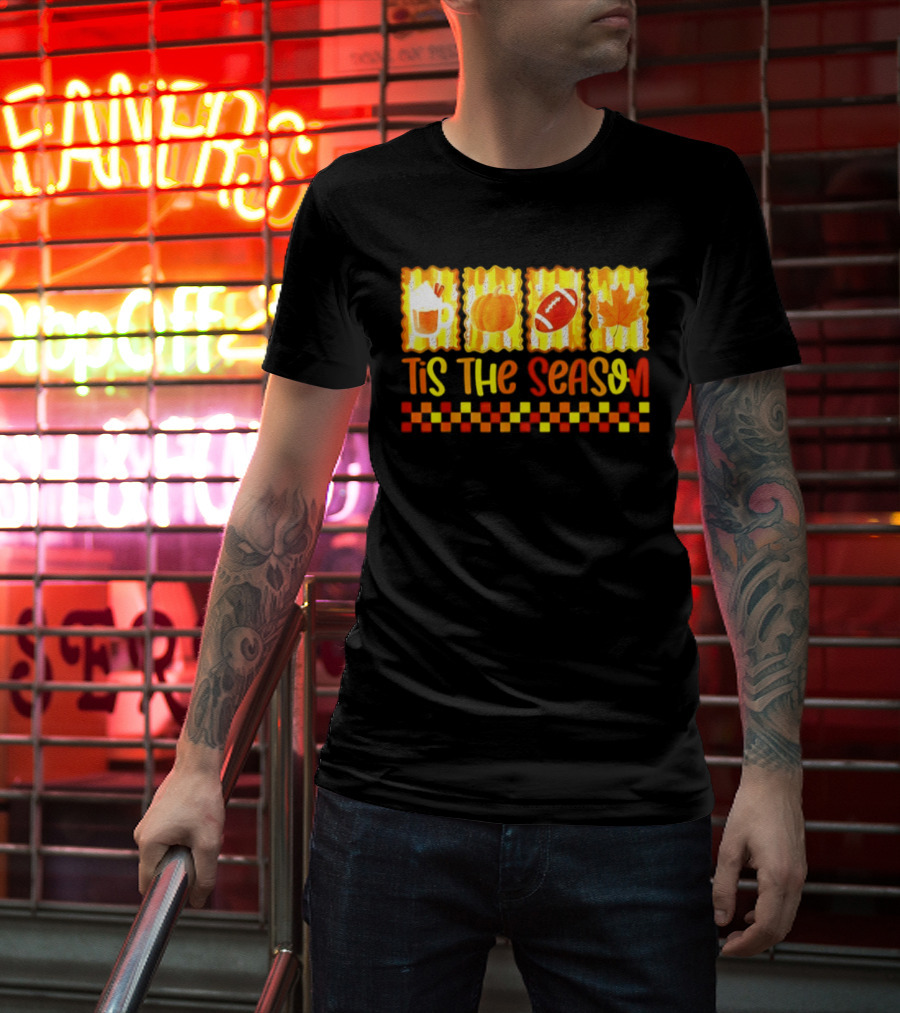 Tis The Season Pumpkin Coffee Football Leaf Halloween T-Shirt