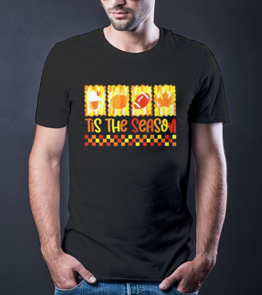 Tis The Season Pumpkin Coffee Football Leaf Halloween T-Shirt