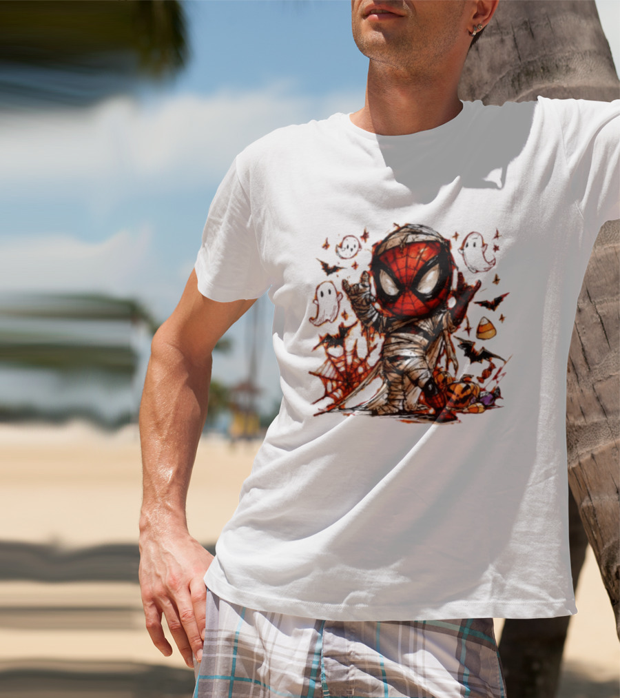 Spider Man Mummy Marvel Halloween Spidey Ghosts Bats Candy Corn Pumpkin T-Shirt