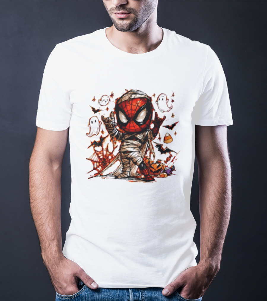 Spider Man Mummy Marvel Halloween Spidey Ghosts Bats Candy Corn Pumpkin T-Shirt