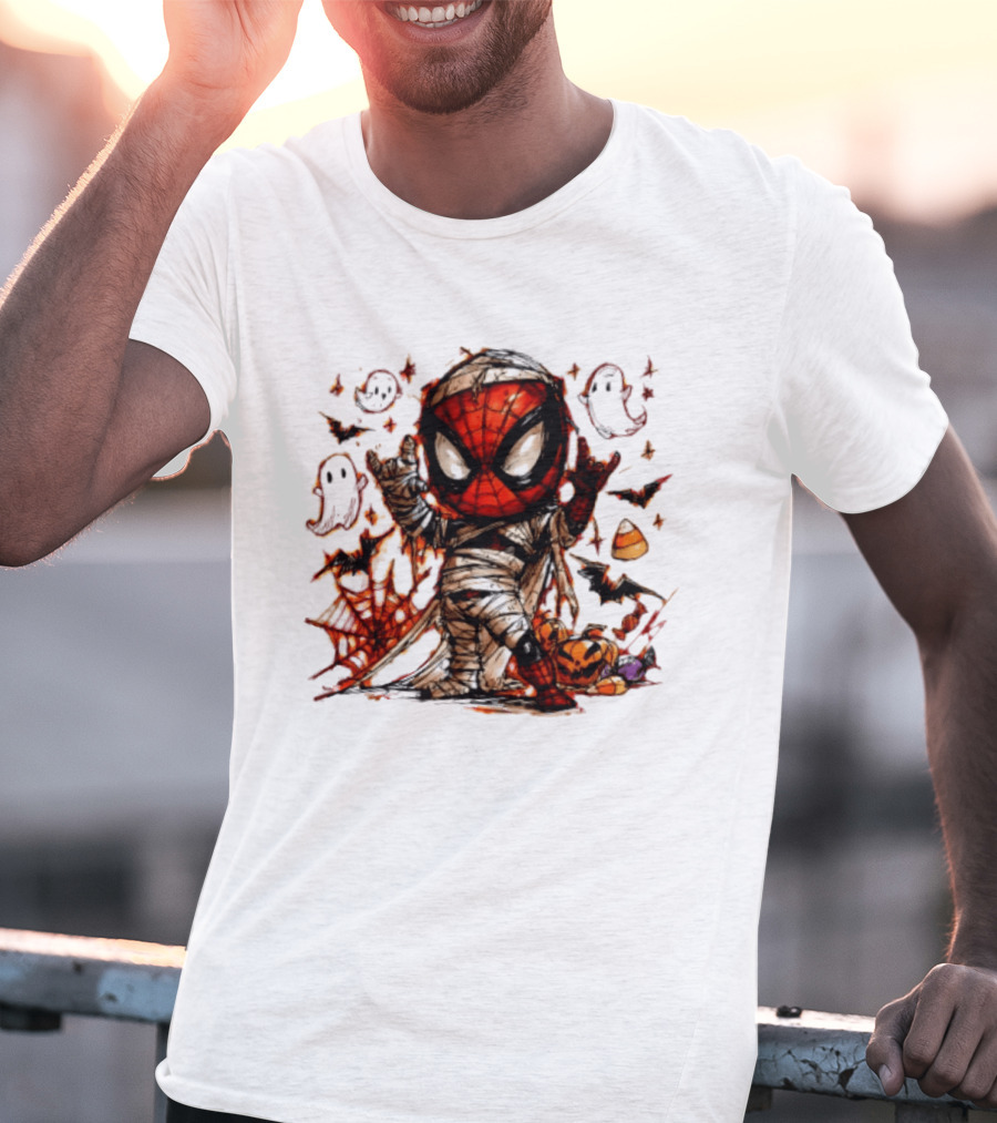 Spider Man Mummy Marvel Halloween Spidey Ghosts Bats Candy Corn Pumpkin T-Shirt