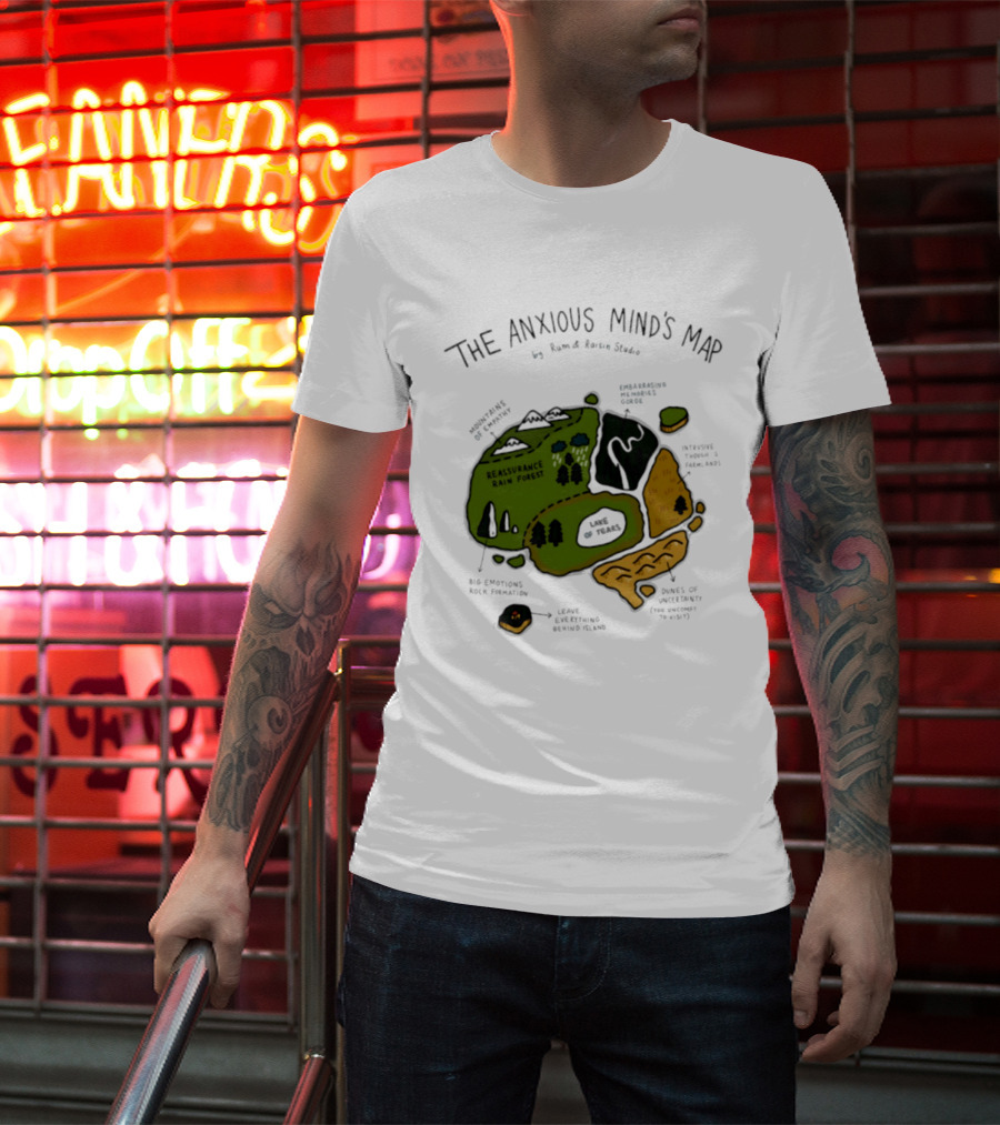The Anxious Mind's Map Rum & Raisin Studio Reassurance Rain Forest Expectations Plateau Attack Of Panic Peaks T-Shirt