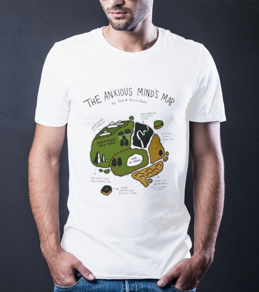 The Anxious Mind's Map Rum & Raisin Studio Reassurance Rain Forest Expectations Plateau Attack Of Panic Peaks T-Shirt