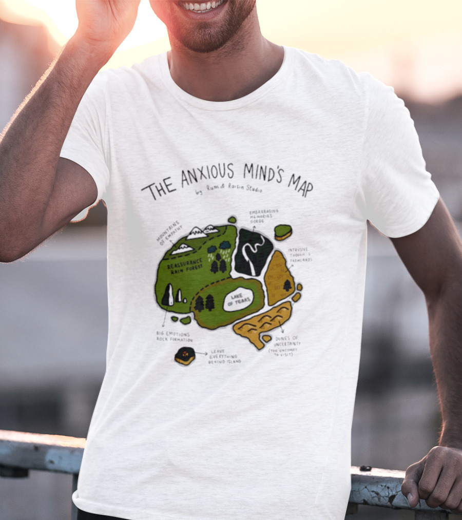 The Anxious Mind's Map Rum & Raisin Studio Reassurance Rain Forest Expectations Plateau Attack Of Panic Peaks T-Shirt