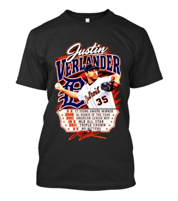 Justin Verlander Detroit Tigers Triple Crown 3x Cy Young 2011 MVP MLB All Star No Hitters T-Shirt