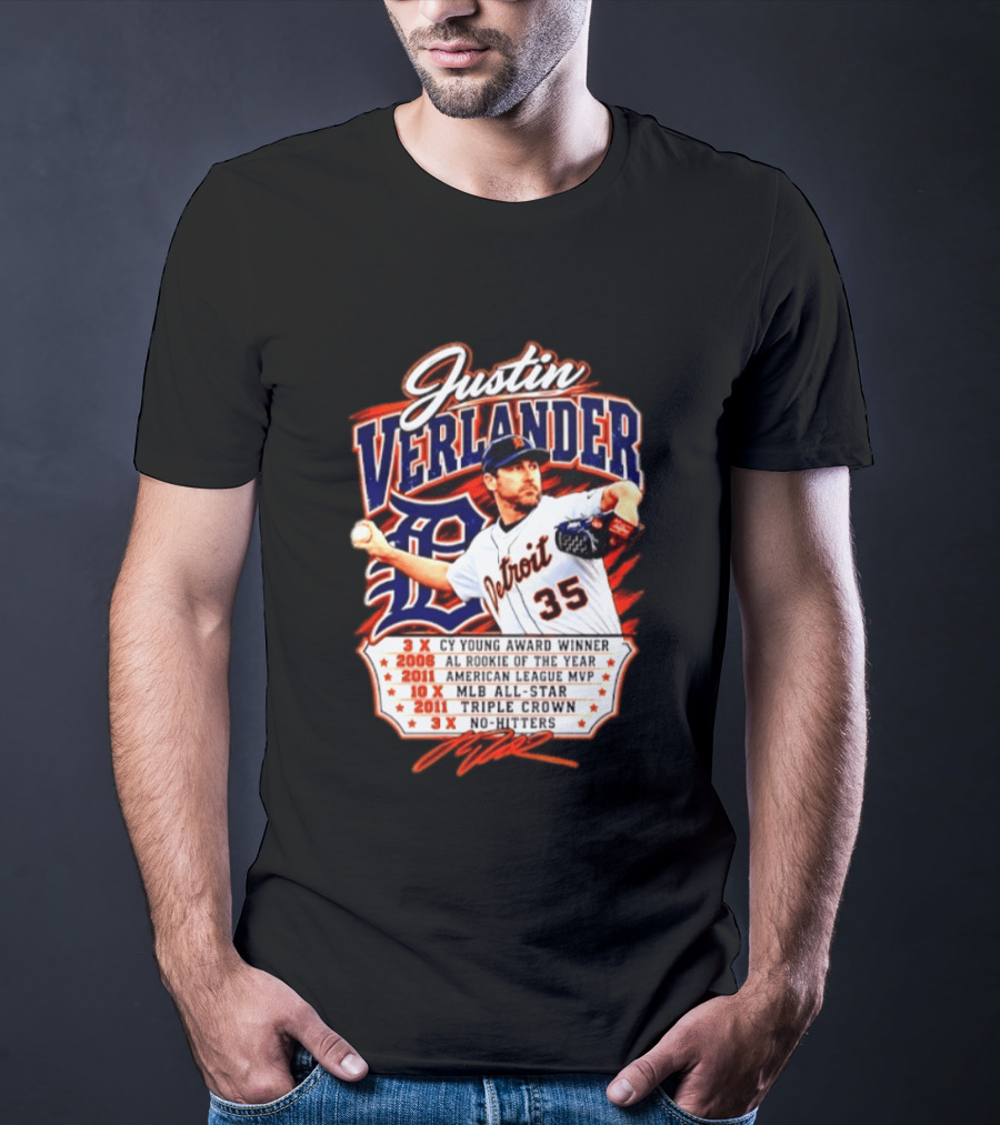 Justin Verlander Detroit Tigers Triple Crown 3x Cy Young 2011 MVP MLB All Star No Hitters T-Shirt