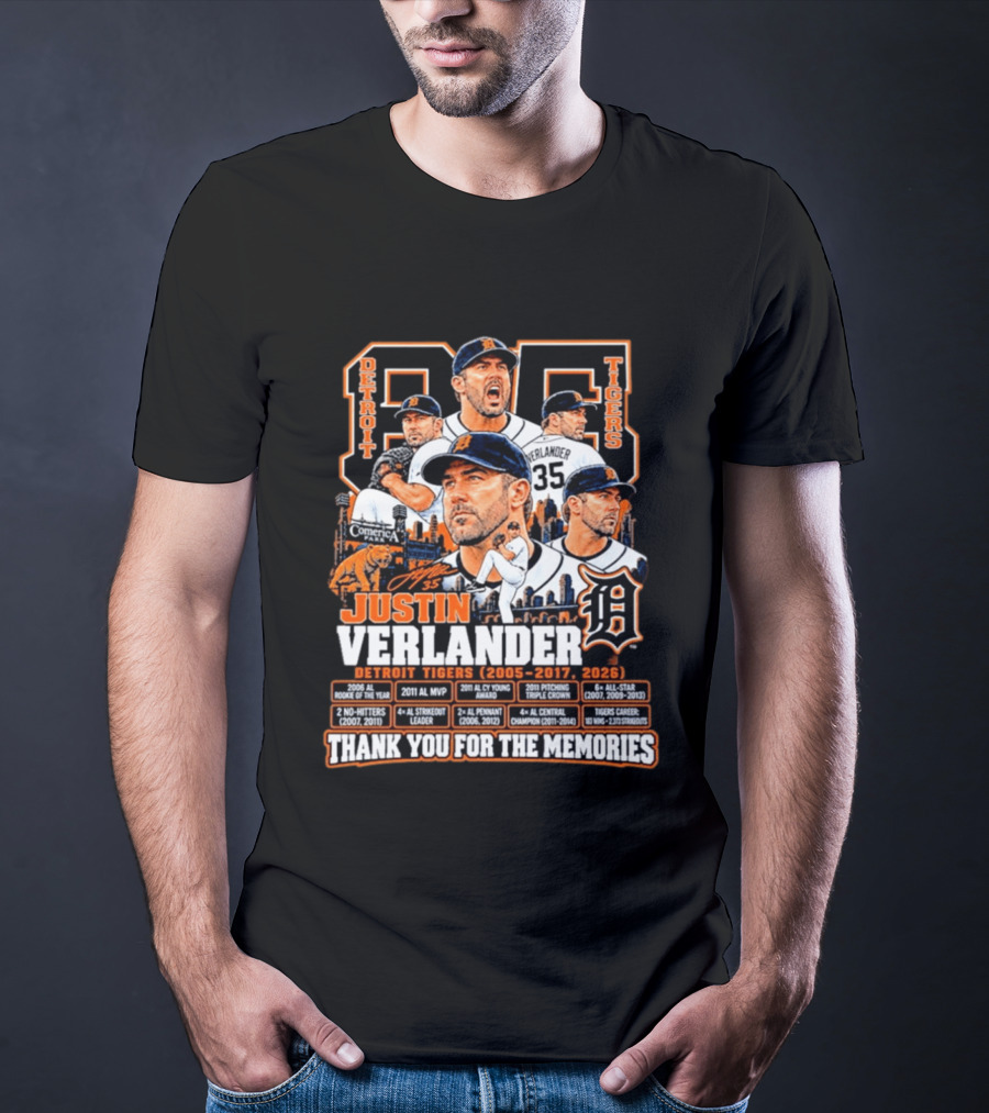 Detroit Tigers 35 Justin Verlander Thank You For The Memories 2005 2017 2026 T-Shirt