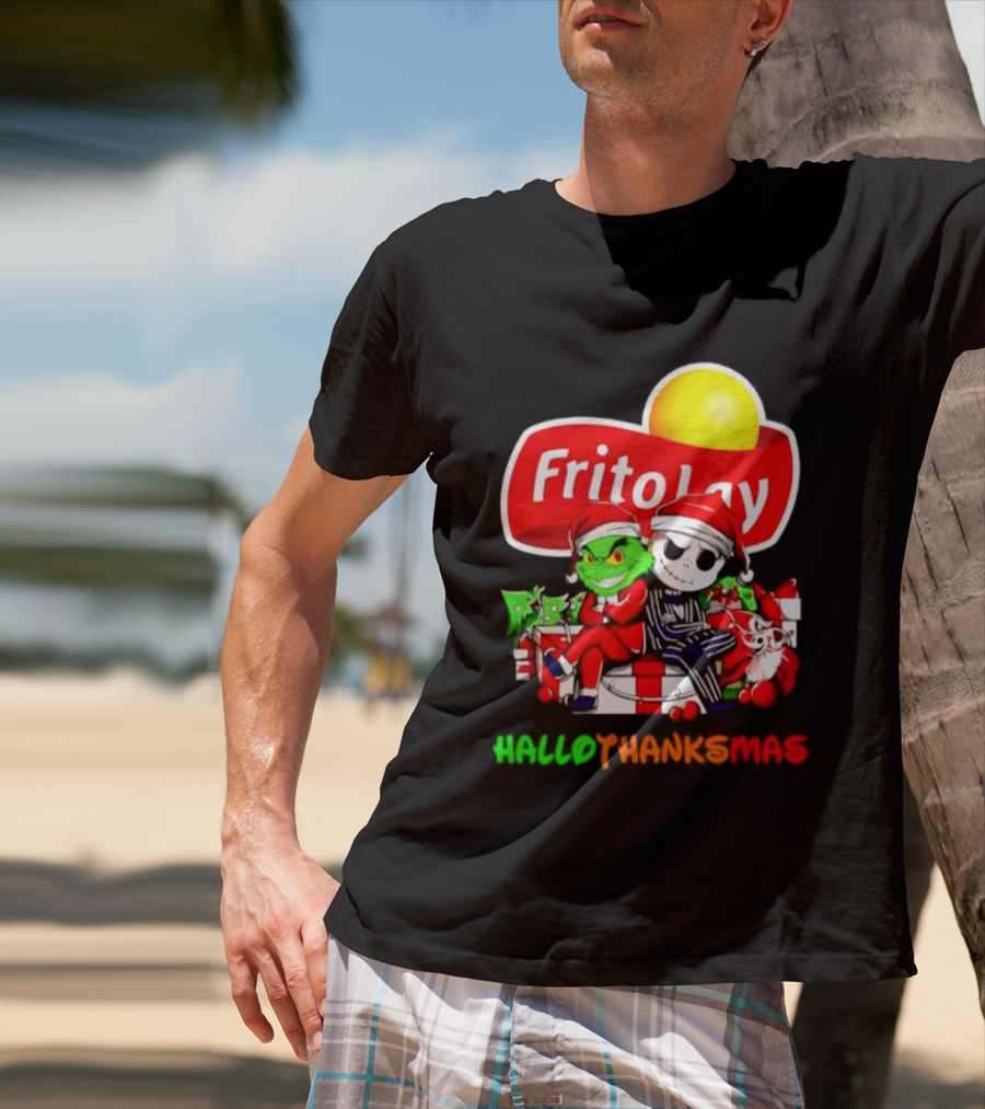 Frito Lay Grinch Jack Skellington Hallothanksmas 2026 Christmas Santa Hats T-Shirt