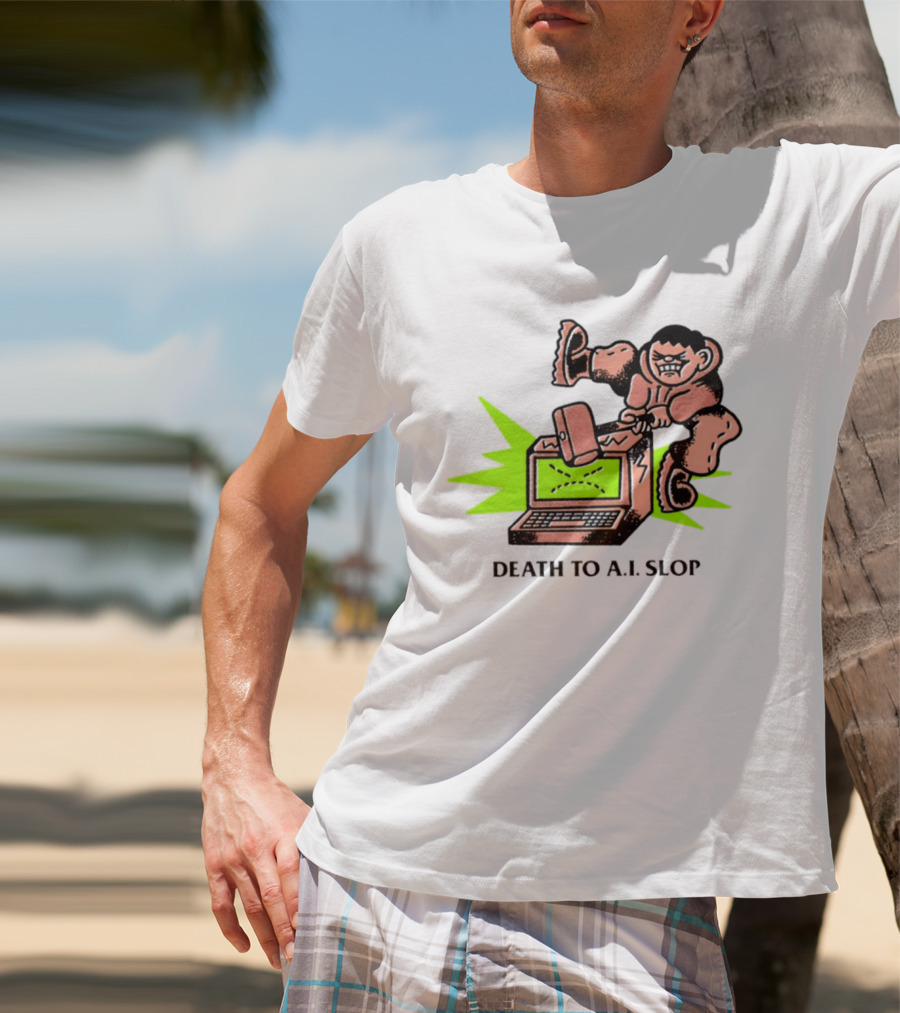 Death To AI Slop Digital Technology Revolution Sledgehammer Laptop Destruction T-Shirt