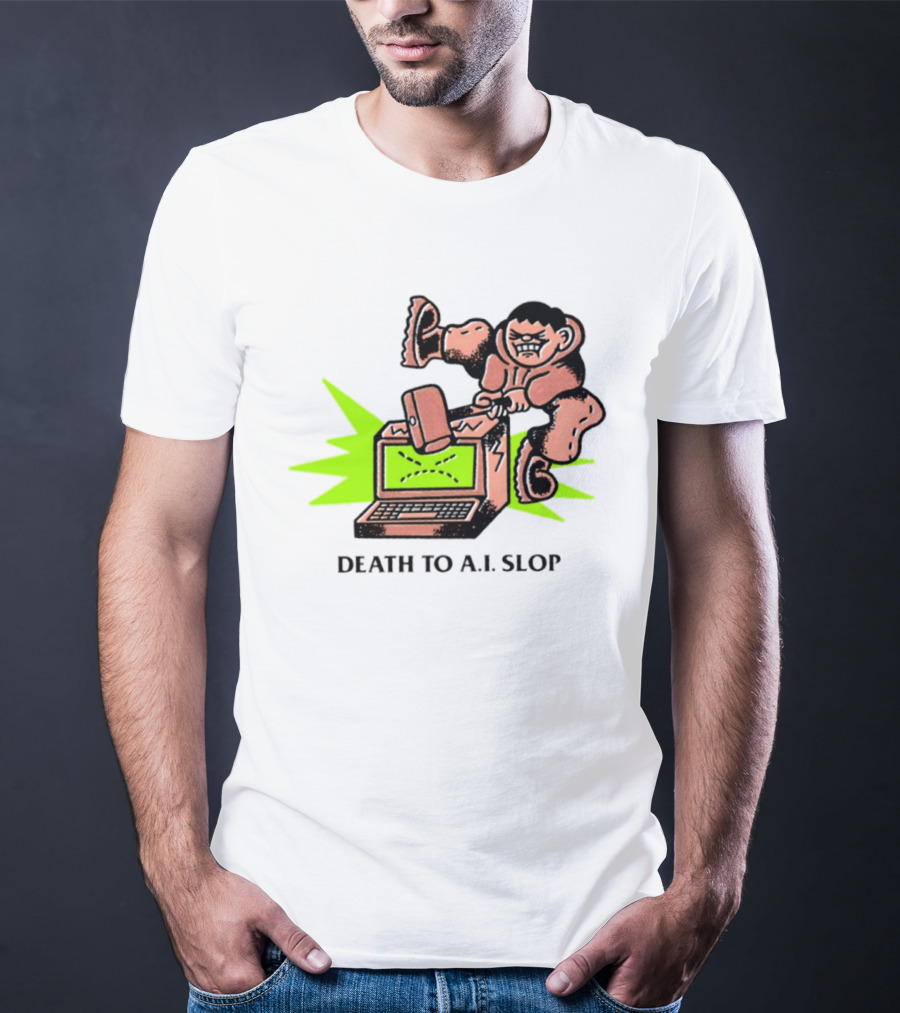 Death To AI Slop Digital Technology Revolution Sledgehammer Laptop Destruction T-Shirt