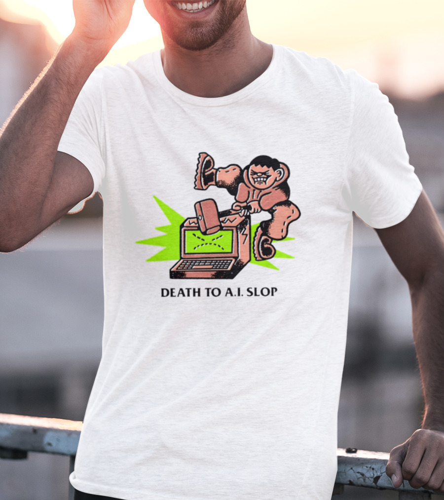 Death To AI Slop Digital Technology Revolution Sledgehammer Laptop Destruction T-Shirt