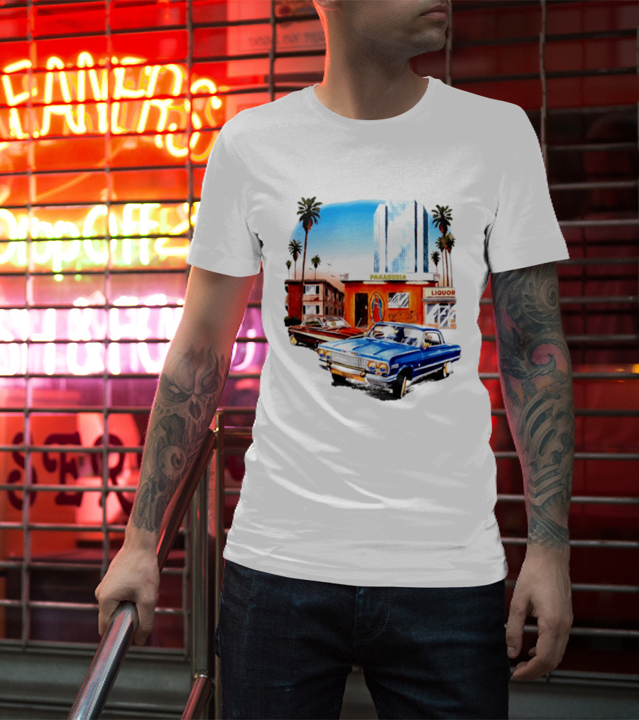 Panaderia Liquor Lowrider Scene With Vintage Cars And Palms T-Shirt