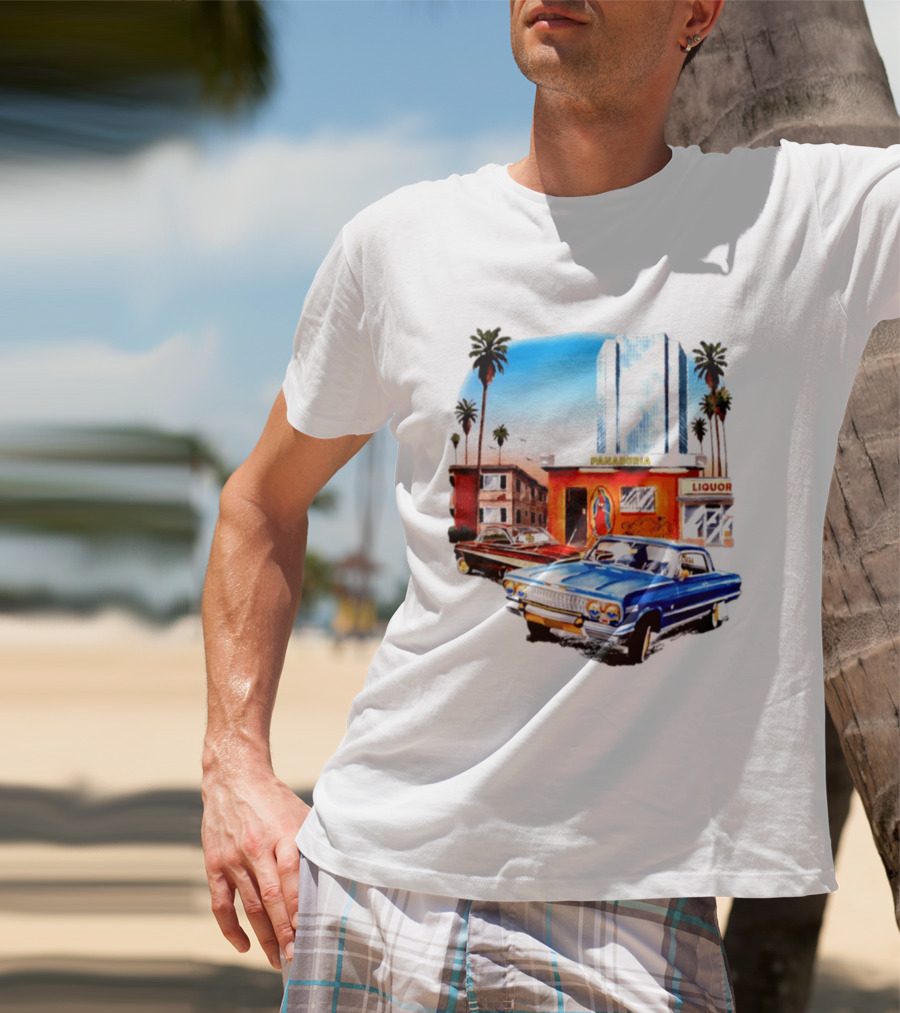 Panaderia Liquor Lowrider Scene With Vintage Cars And Palms T-Shirt