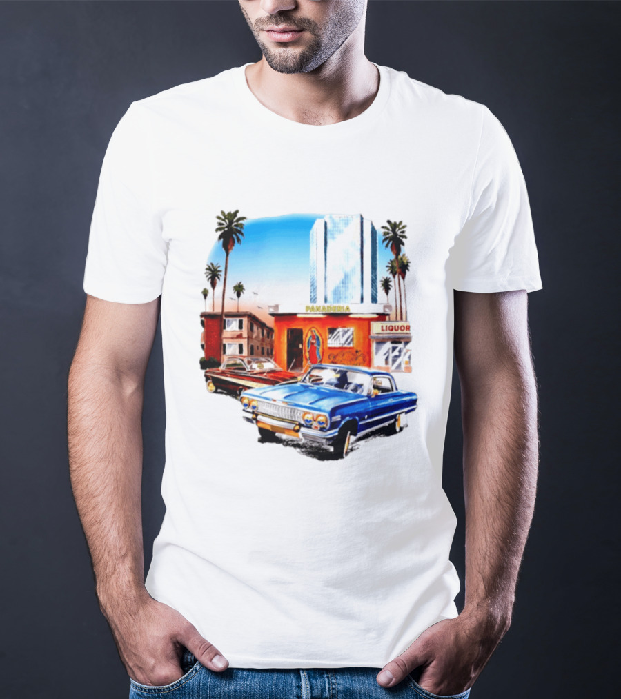 Panaderia Liquor Lowrider Scene With Vintage Cars And Palms T-Shirt