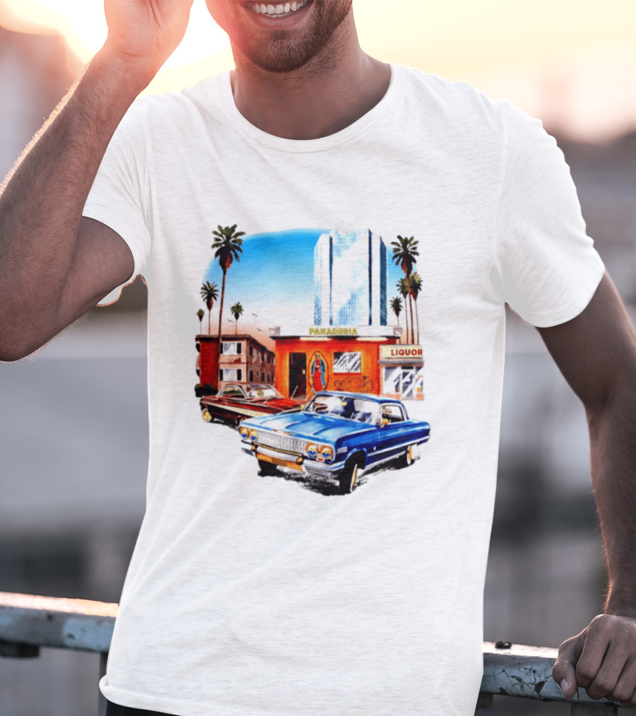 Panaderia Liquor Lowrider Scene With Vintage Cars And Palms T-Shirt