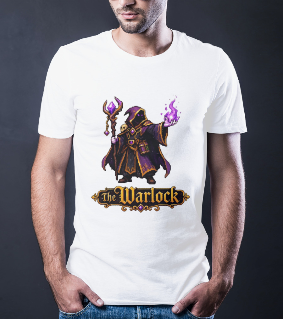 The Warlock Pixel Fantasy Mage RPG Cloaked Wizard With Staff And Magic Spell T-Shirt