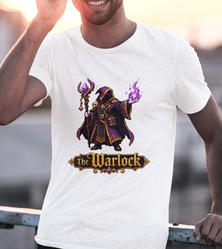 The Warlock Pixel Fantasy Mage RPG Cloaked Wizard With Staff And Magic Spell T-Shirt