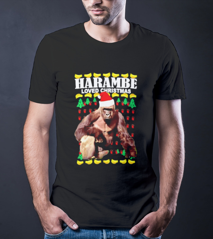 Harambe Loved Christmas Gorilla In Santa Hat With Bananas And Trees T-Shirt