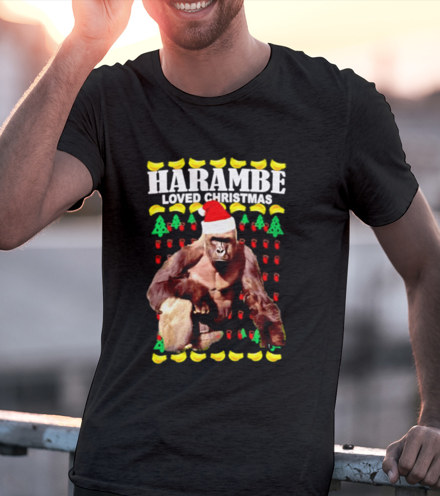 Harambe Loved Christmas Gorilla In Santa Hat With Bananas And Trees T-Shirt