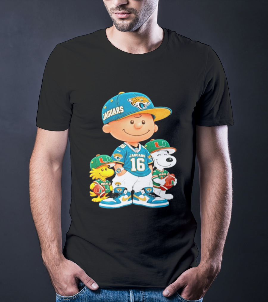 Peanuts Charlie Brown Snoopy Woodstock Jacksonville Jaguars Miami Hurricanes Football Fan Gear T-Shirt