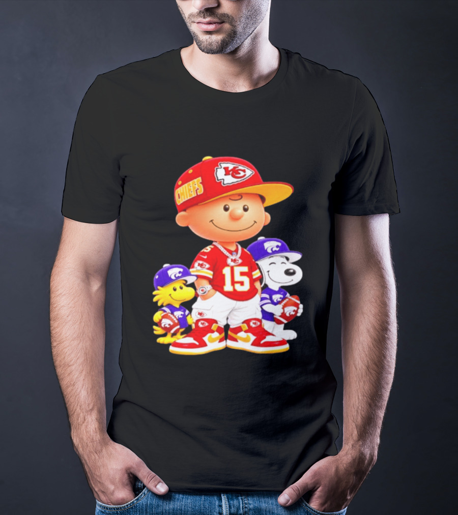 Charlie Brown Snoopy Woodstock Kansas City Chiefs 15 Football Peanuts Characters NFL Team Sports Gear T-Shirt