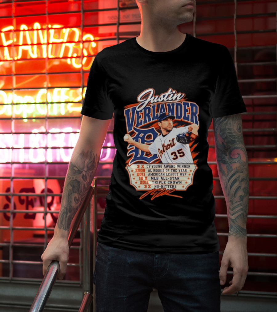 Justin Verlander Detroit Tigers Career 3x Cy Young Award Winner AL Rookie Of The Year 2011 American League MVP MLB All Star Triple Crown No Hitters T-Shirt