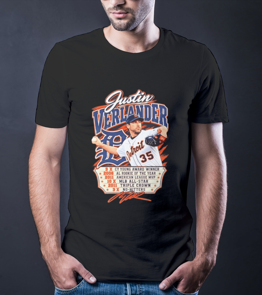 Justin Verlander Detroit Tigers Career 3x Cy Young Award Winner AL Rookie Of The Year 2011 American League MVP MLB All Star Triple Crown No Hitters T-Shirt