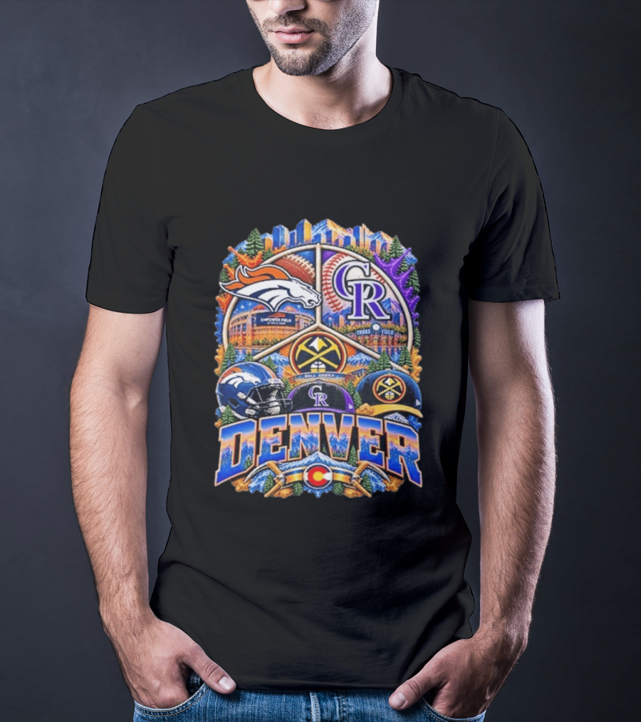 Denver Broncos Rockies Nuggets Sports Skyline Empower Field Coors Ball Arena T-Shirt