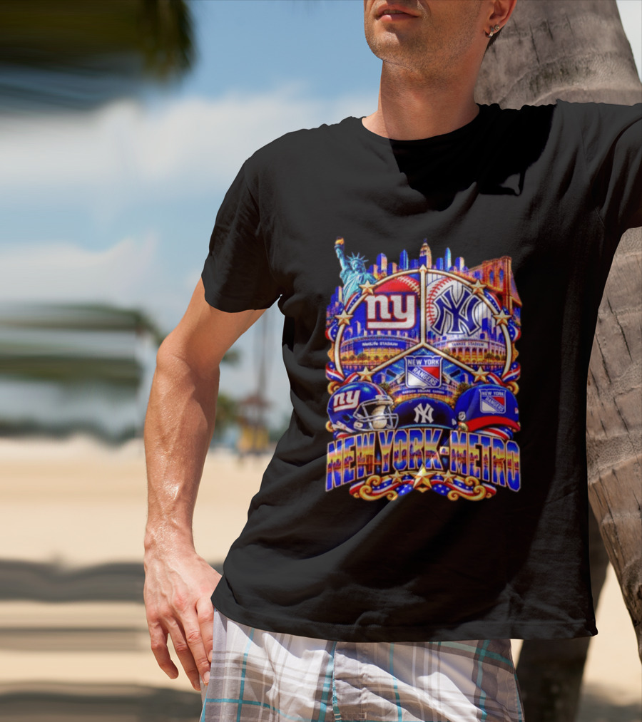 New York Metro Giants Yankees Rangers Skyline Stadium Statue Liberty T-Shirt