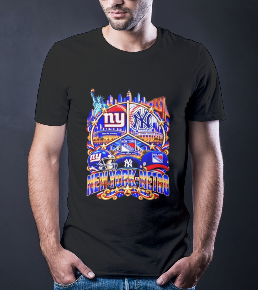 New York Metro Giants Yankees Rangers Skyline Stadium Statue Liberty T-Shirt