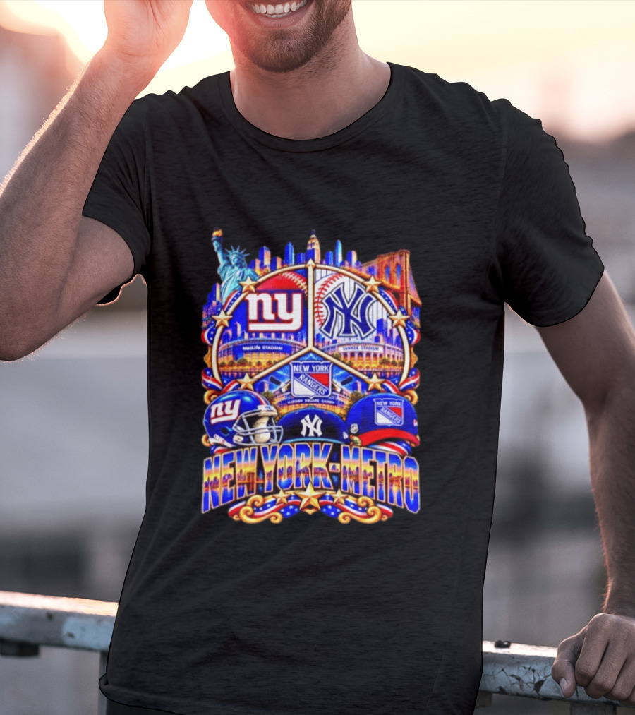 New York Metro Giants Yankees Rangers Skyline Stadium Statue Liberty T-Shirt